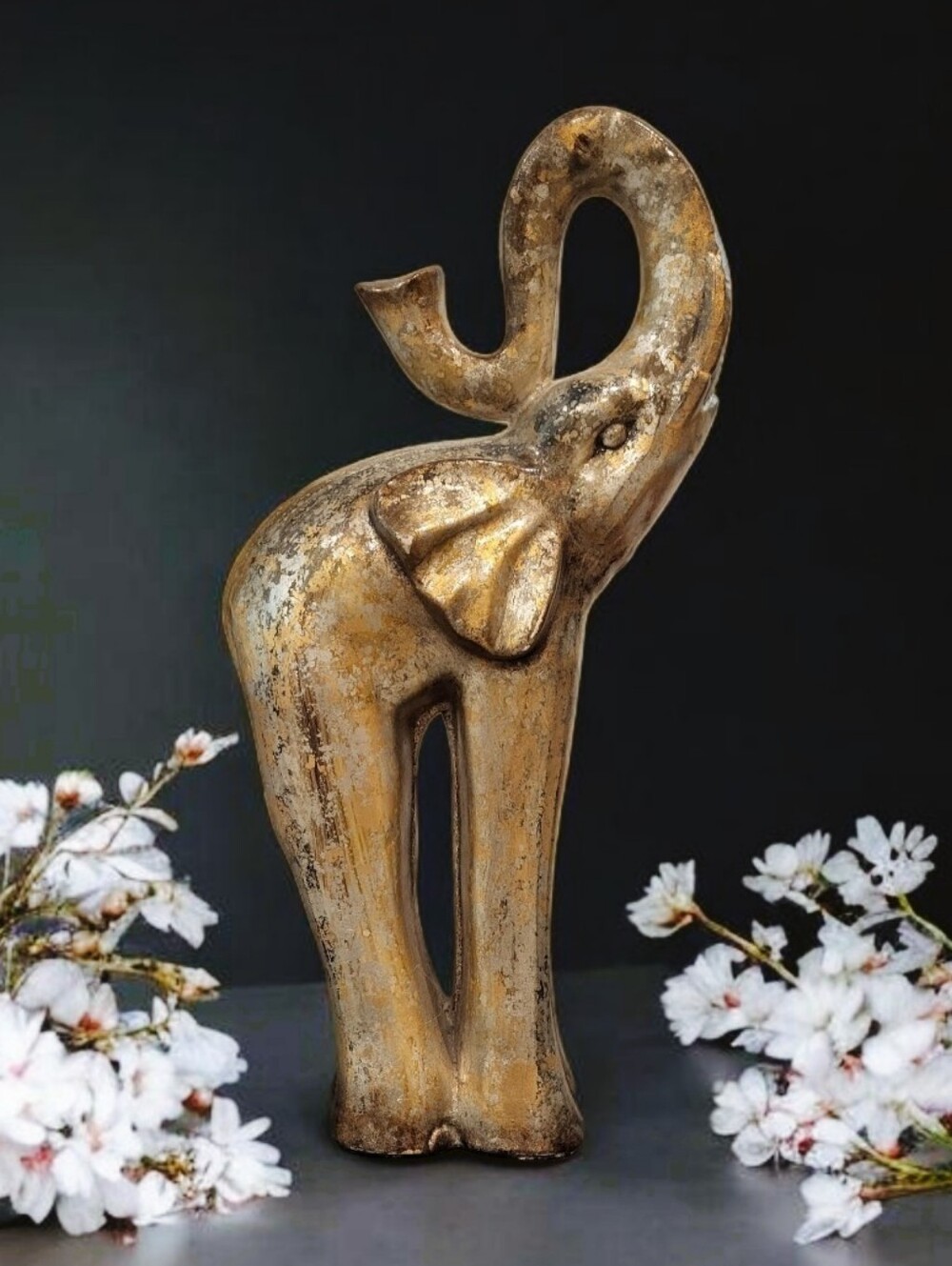 Vintage Distressed Patina Ceramic Trumpeting Elephant Statue.